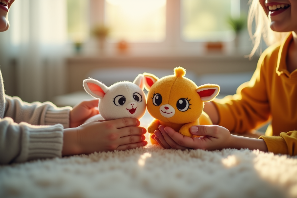 Deux enfants partageant une peluche ouioui dans une pièce lumineuse et neutre
