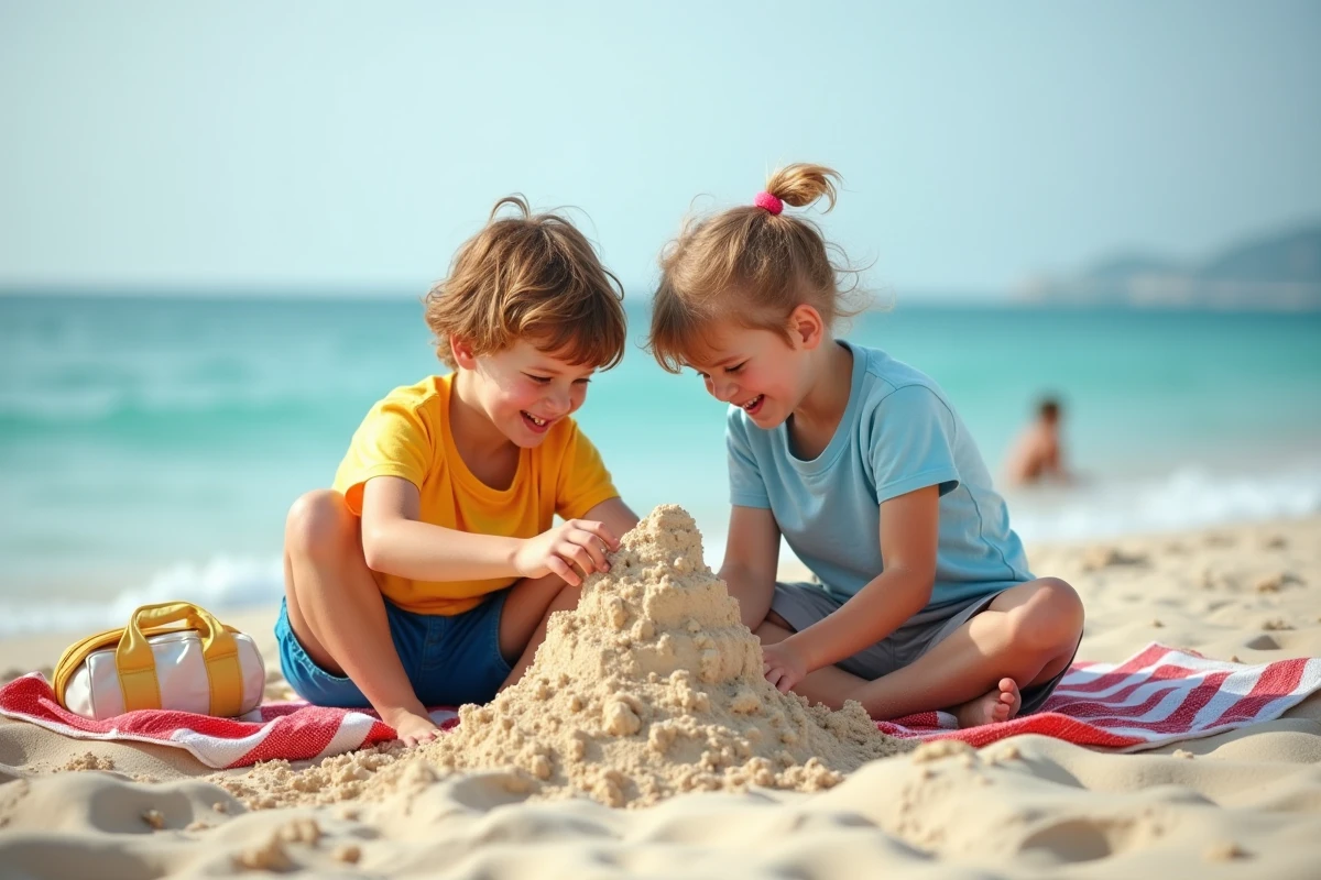 Enfants jouant sur la plage pendant les petites vacances scolaires hors saison