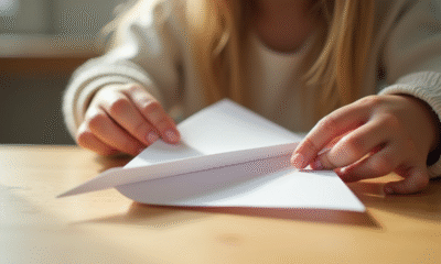 Mains d'enfant pliant un avion en papier sur une table en bois