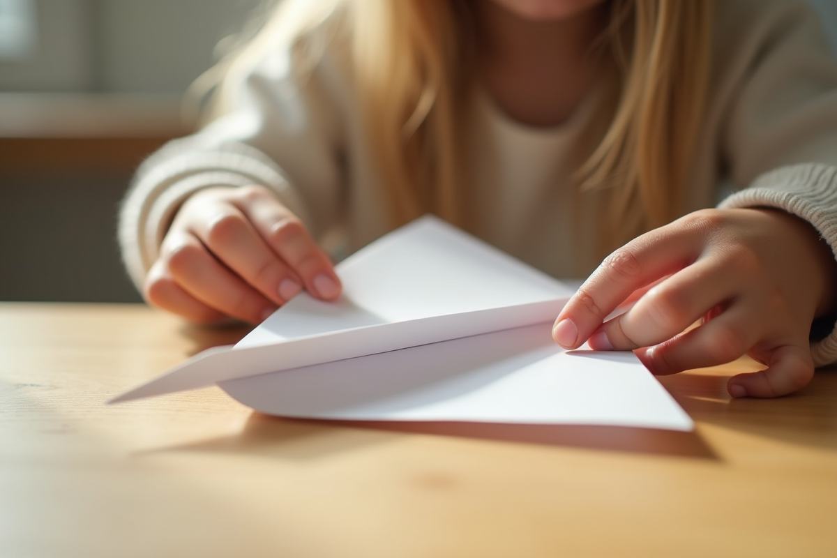 Mains d'enfant pliant un avion en papier sur une table en bois