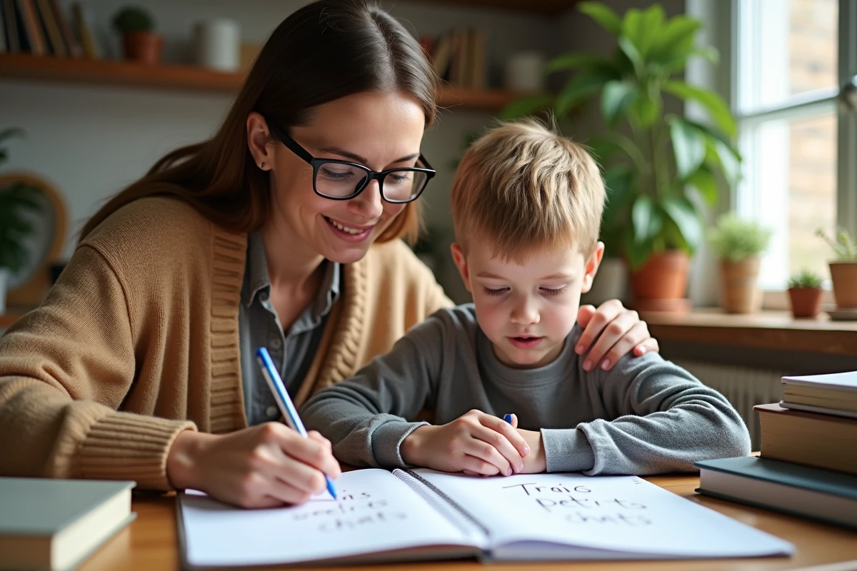 Enseignante aide un enfant à écrire dans un cadre calme