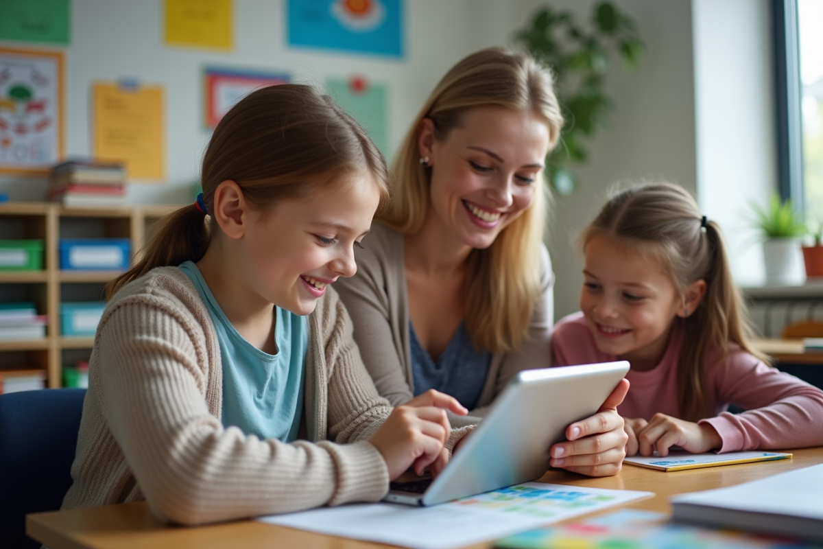Enseignante avec deux enfants regardant une tablette en classe