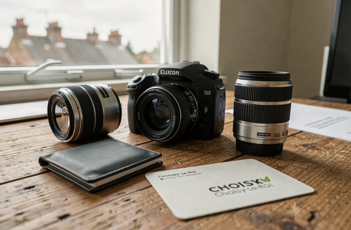 Équipement photo professionnel sur un bureau avec carte de visite d'un photographe de Choisy-le-Roi