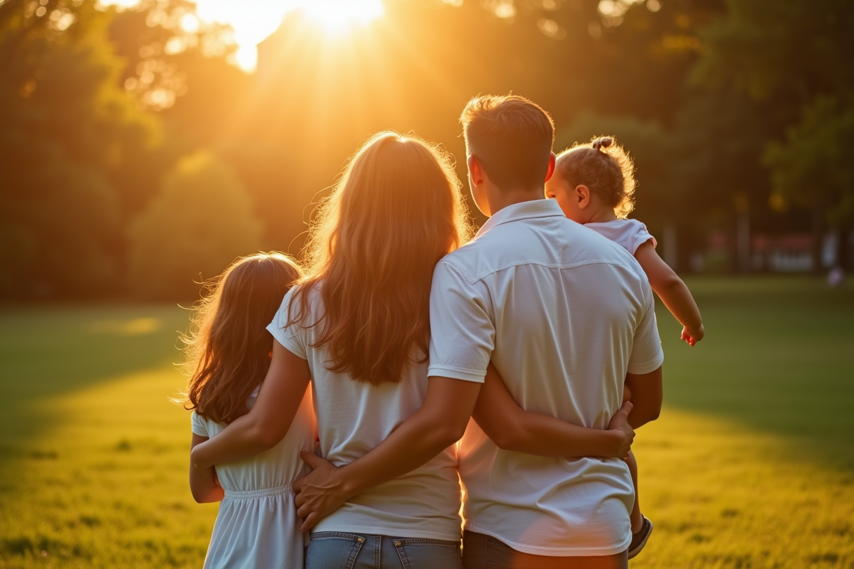 Famille de quatre dans un parc en fin d