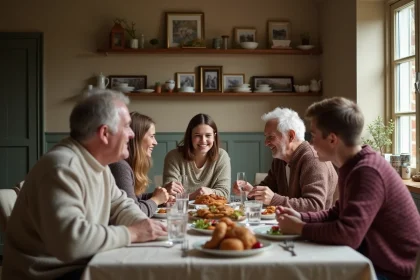 Famille britannique multigénérationnelle réunie autour d'un repas convivial pendant les vacances scolaires en Angleterre