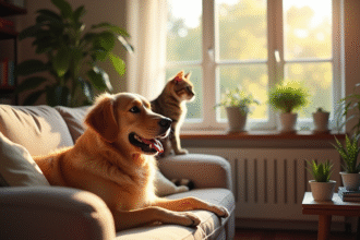 Famille heureuse dans un salon chaleureux avec chien et chat