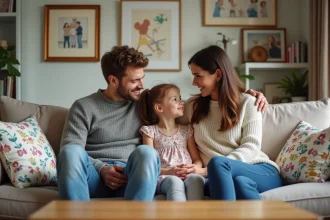 Famille assise sur un canapé dans un salon chaleureux