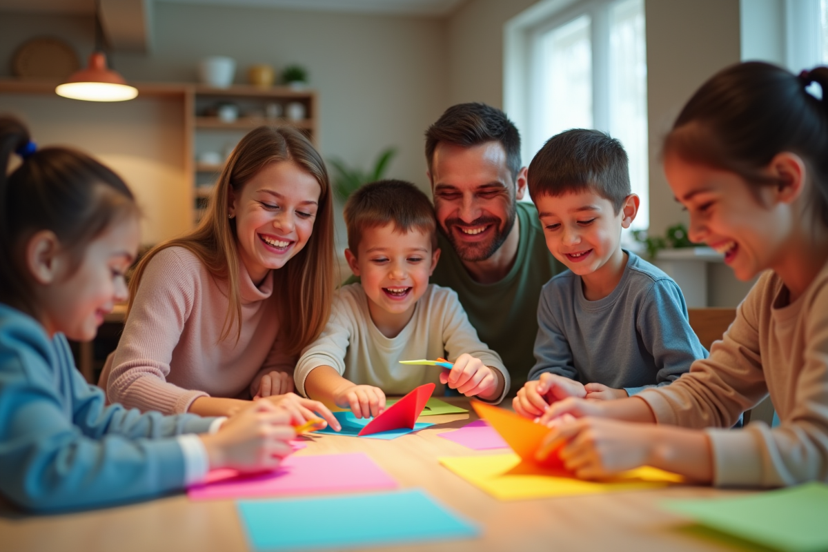 Famille joyeuse fabriquant des avions en papier colorés ensemble