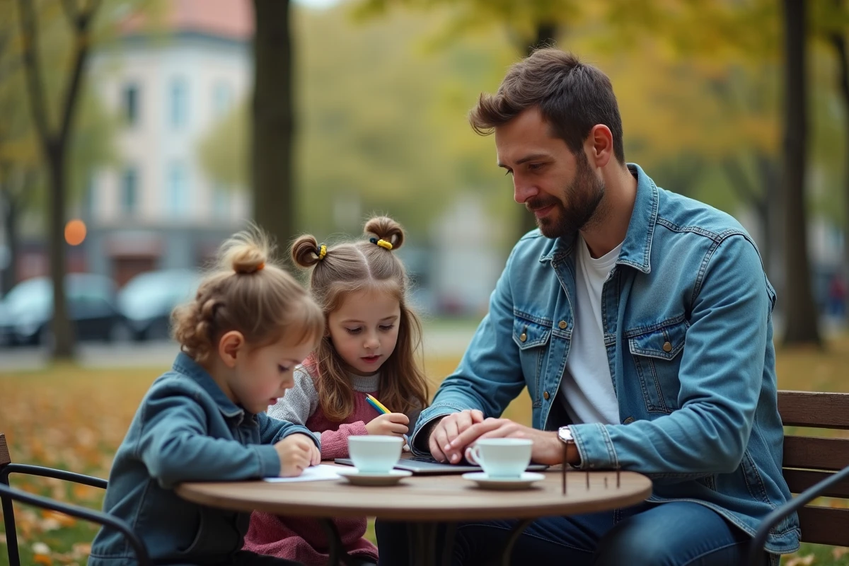 Famille dessinant au parc avec enfants et papa sur une table