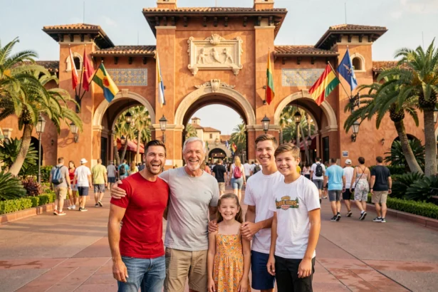 Famille heureuse devant l'entrée principale de PortAventura Park avec architecture méditerranéenne colorée