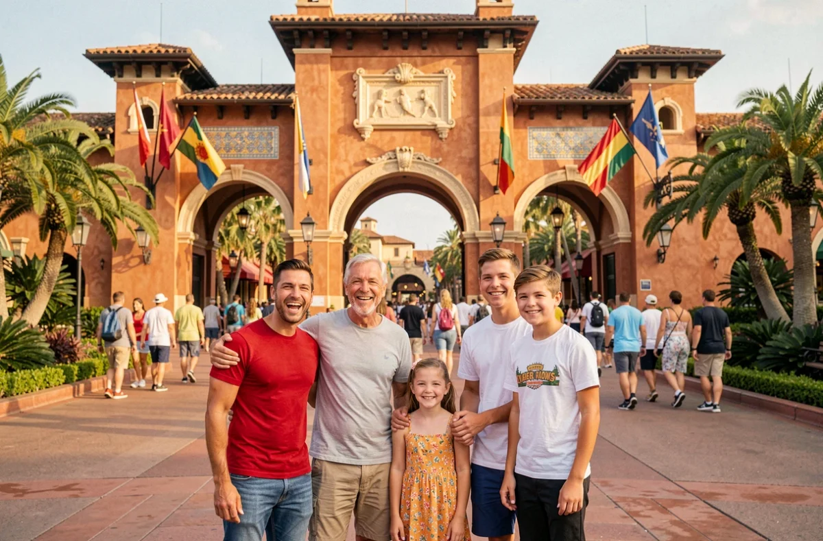 Famille heureuse devant l'entrée principale de PortAventura Park avec architecture méditerranéenne colorée