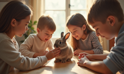 Famille autour d'une table groomant un lapin dwarf lop
