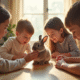 Famille autour d'une table groomant un lapin dwarf lop