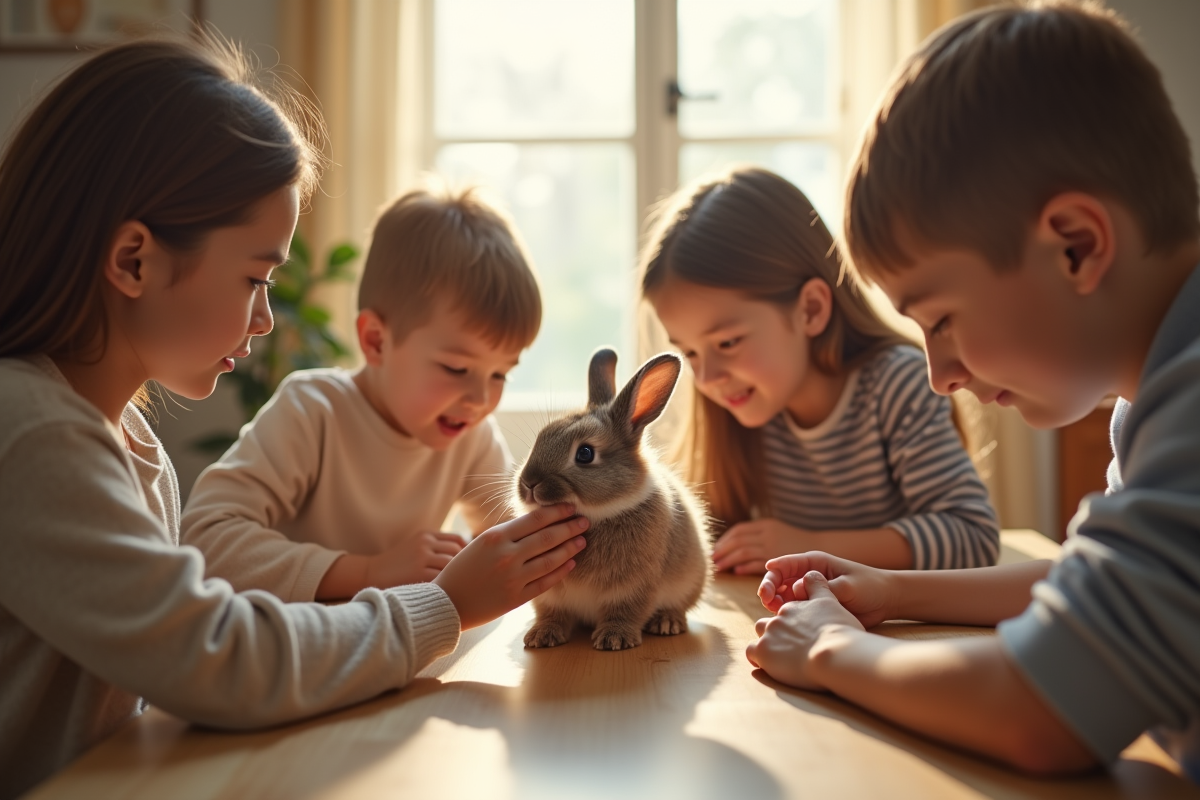 Famille autour d'une table groomant un lapin dwarf lop