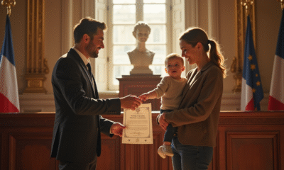 Famille heureuse recevant un certificat en mairie en France