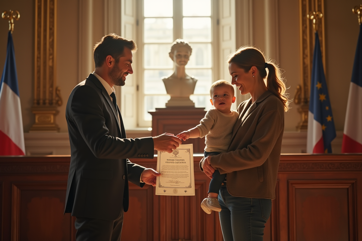 Famille heureuse recevant un certificat en mairie en France