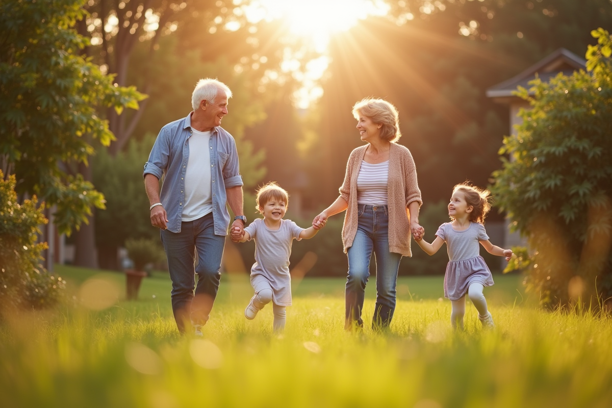 Famille dans un jardin ensoleille avec rires et jeux
