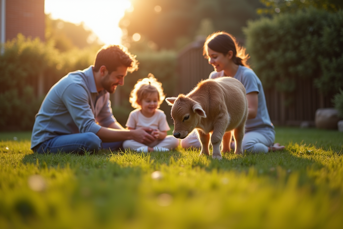 Famille jouant avec un veau dans le jardin au matin