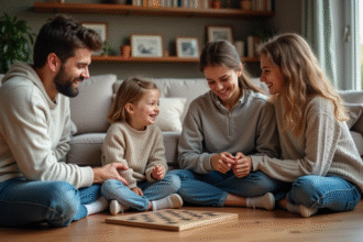 Enfants jouant à un jeu de société en famille dans un salon chaleureux