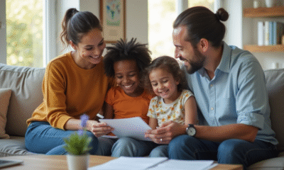Famille multiculturelle souriante dans un salon lumineux