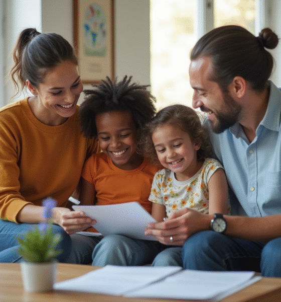 Famille multiculturelle souriante dans un salon lumineux