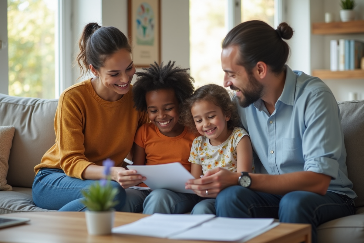 Famille multiculturelle souriante dans un salon lumineux