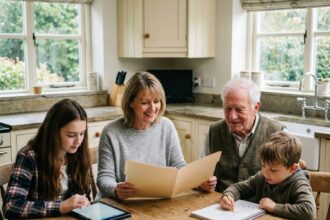 Famille multigenerations réunie dans une cuisine chaleureuse
