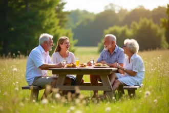 Famille détendue en pique-nique dans la nature, pieds nus dans l'herbe, symbolisant liberté et naturel au quotidien