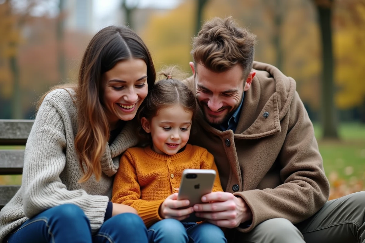 Famille dans un parc avec smartphone et portail famille