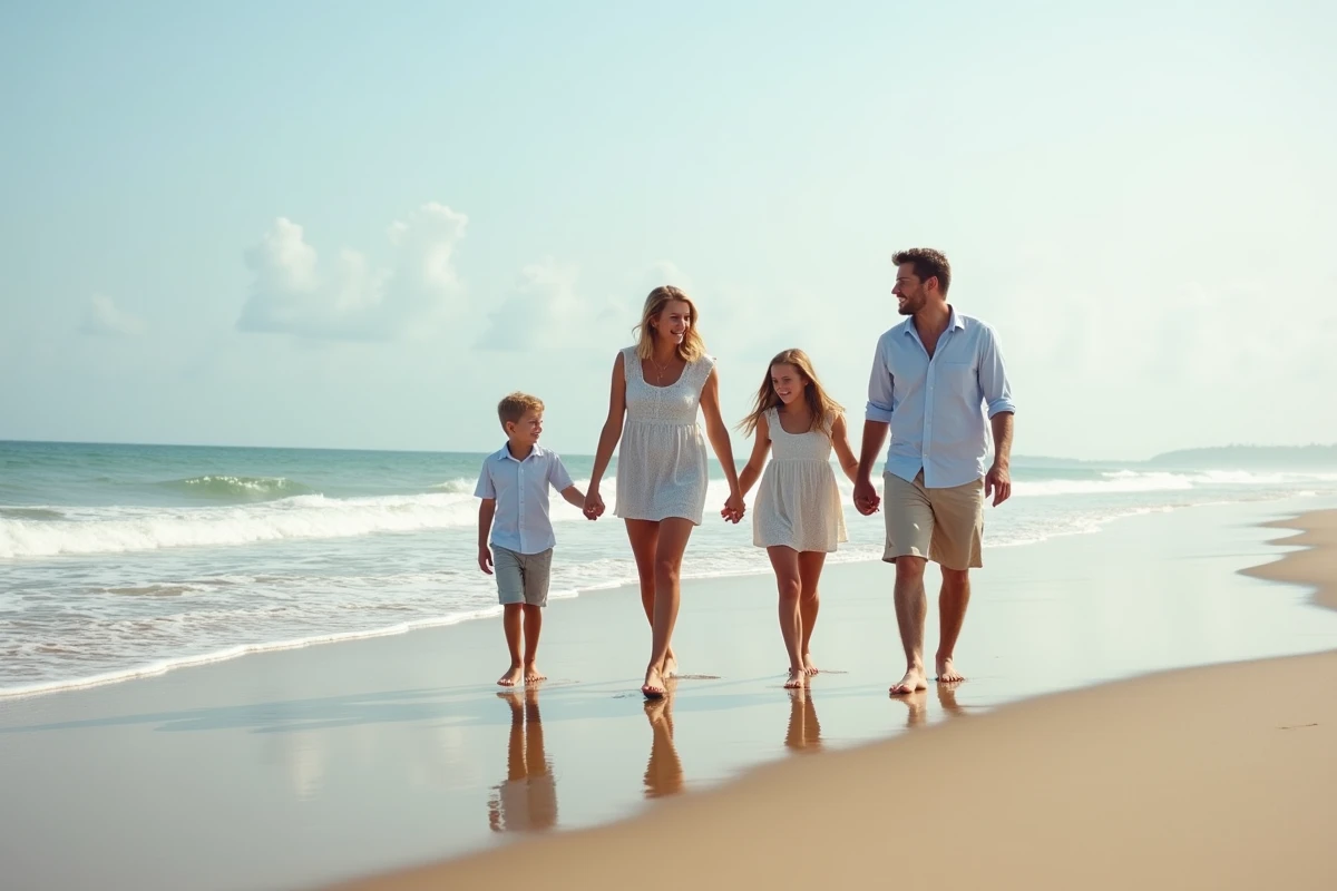 Famille marchant pieds nus sur la plage, atmosphère naturelle et sans contrainte illustrant la liberté et la simplicité du mode de vie naturiste