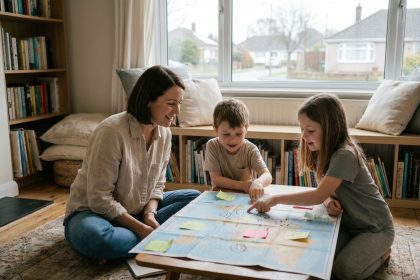 Mère et deux enfants planifiant un voyage ensemble autour d'une carte routière sur le sol du salon