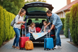 Famille de quatre préparant la voiture pour partir en voyage
