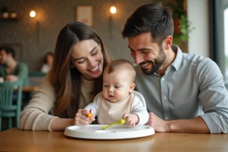 Jeune famille au restaurant avec bébé en haute chaise