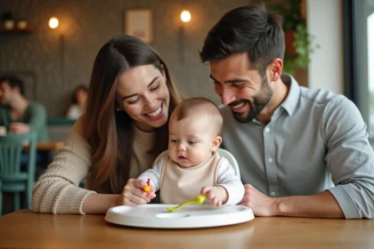 Jeune famille au restaurant avec bébé en haute chaise