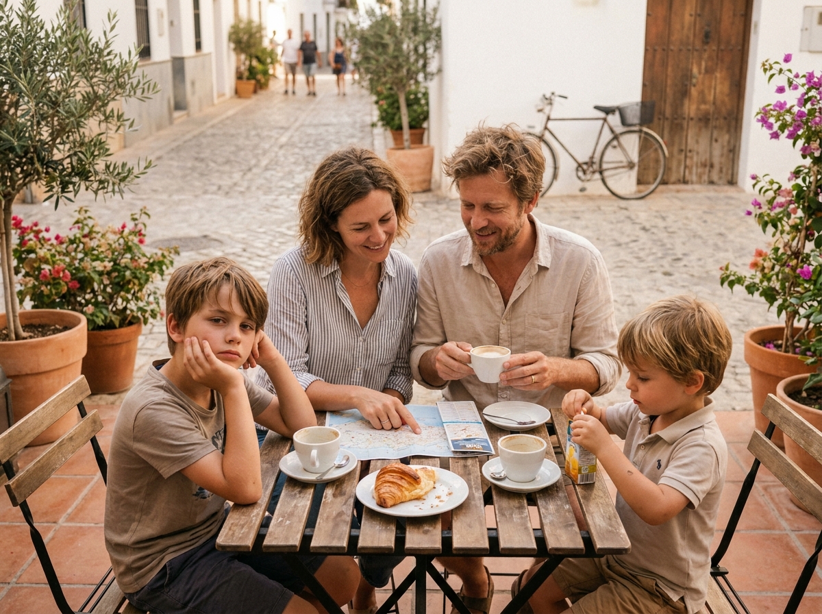 Famille avec deux enfants se reposant en terrasse d'un café méditerranéen pendant des vacances à l'étranger