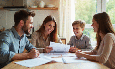 Famille souriante à la table pour la gestion financière