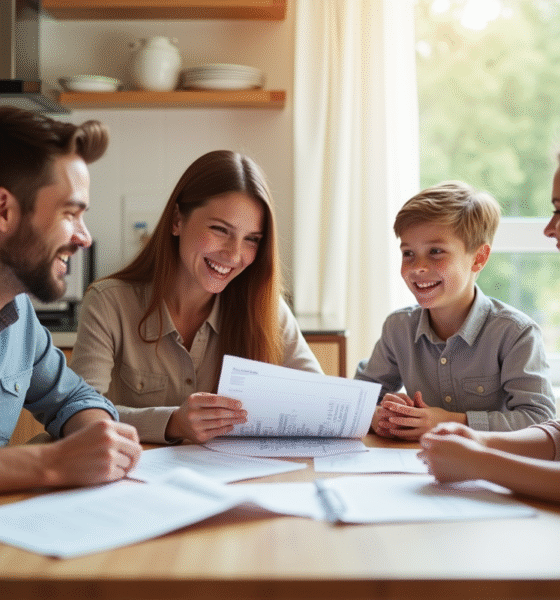 Famille souriante à la table pour la gestion financière