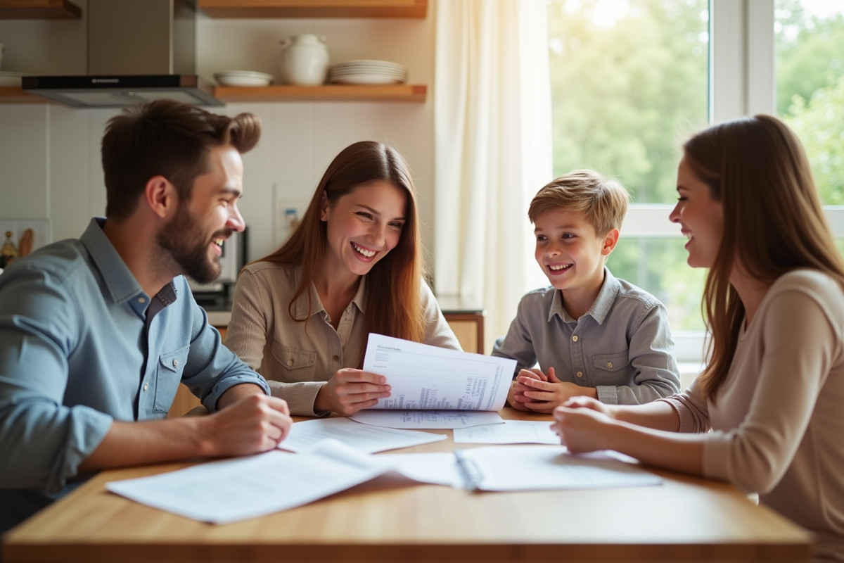 Famille souriante à la table pour la gestion financière
