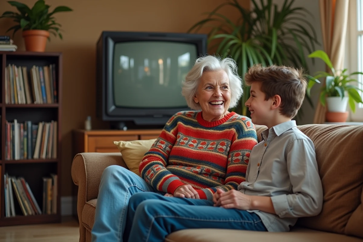 Famille souriante dans un salon rétro avec un adolescent