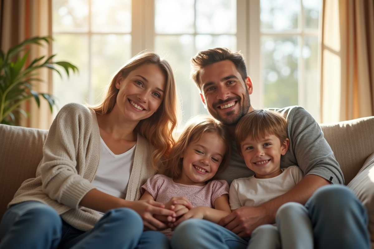 Jeune couple avec enfants dans un salon lumineux