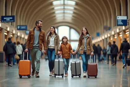 Famille avec enfants en voyage en train pendant les vacances scolaires, gare européenne