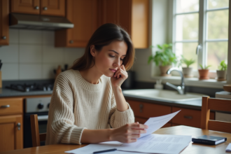Femme réfléchissant à un formulaire d'adoption dans la cuisine