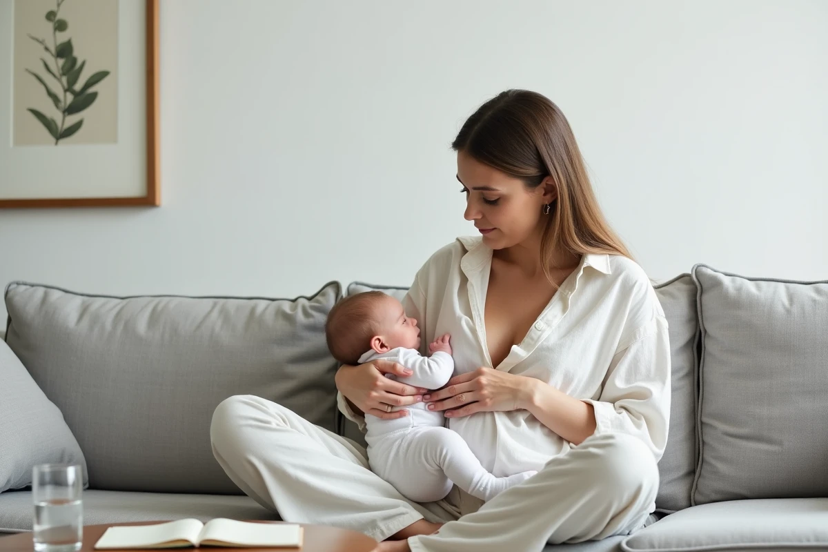 Femme allaitant son bébé de trois mois sur un canapé dans un salon moderne, évoquant les tétées fréquentes lors des pics de croissance