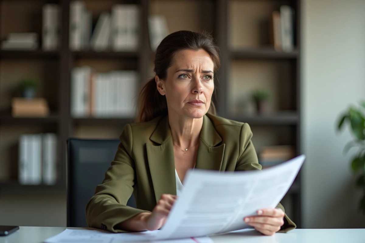 Femme professionnelle à un bureau examinant des documents dans un contexte de confidentialité et de discrétion