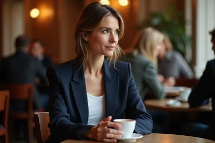 Femme seule dans un café parisien avec une expression réfléchie évoquant la vie privée et l'intimité personnelle