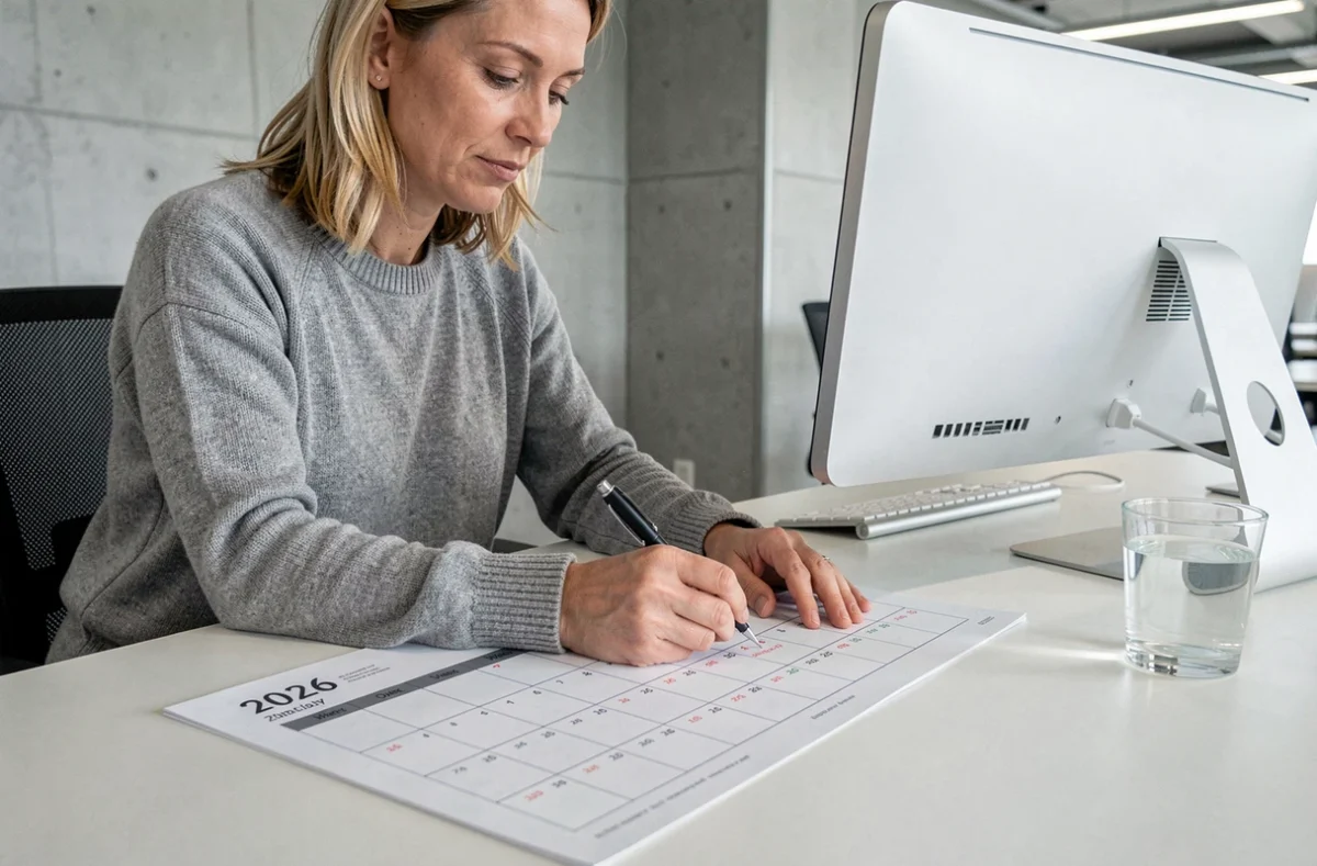 Femme marquant des dates sur un calendrier 2026 imprimé avec numéros de semaines paires et impaires