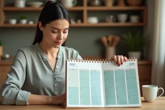 Femme consultant un calendrier 2026 avec semaines paires et impaires surlignées sur une table en bois