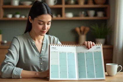 Femme consultant un calendrier 2026 avec semaines paires et impaires surlignées sur une table en bois