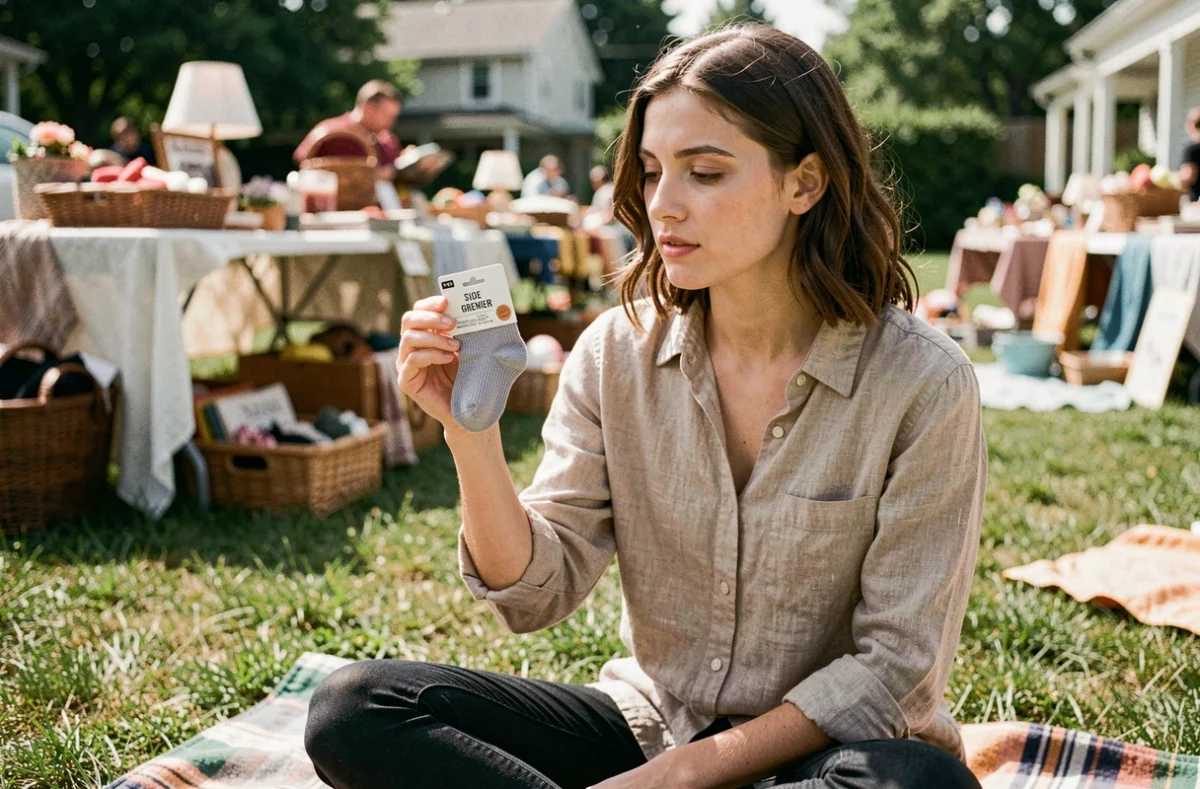 Femme comparant une chaussette bébé à un guide des tailles lors d'un vide-grenier en plein air