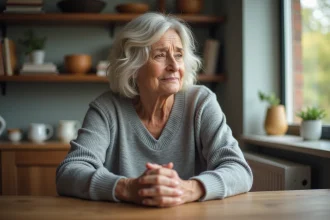 Femme d'âge moyen pensant dans sa cuisine chaleureuse